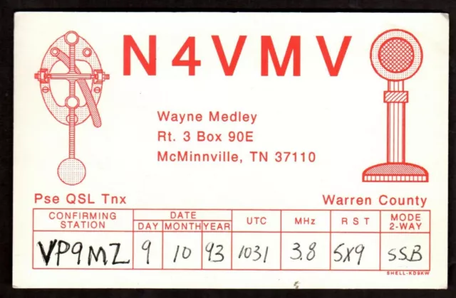 QSL QSO RADIO CARD "N4VMV,Wayne Medley/Warren County/1993", (Q4206)