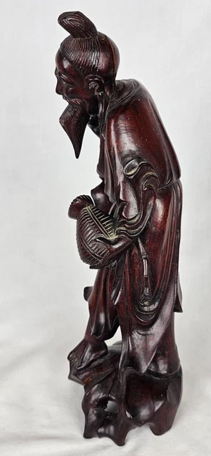 Vintage Wooden Handcarved Fisherman Sculpture  Statue Chinese Figure 11"