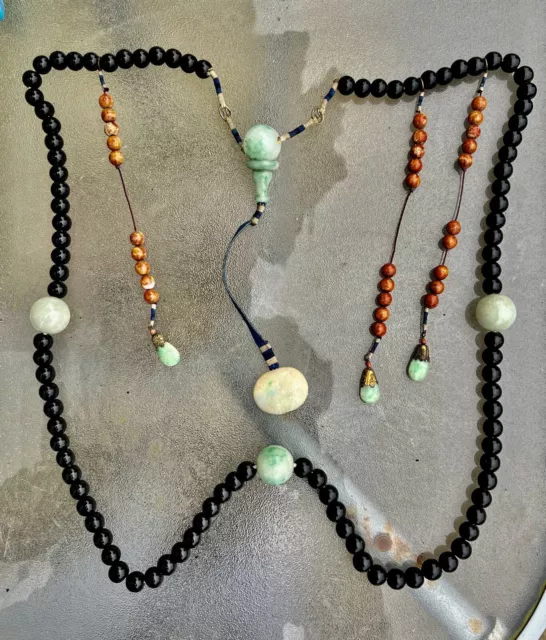 Very rare Qing Dynasty Chinese black glass and jadeite court beads Necklace