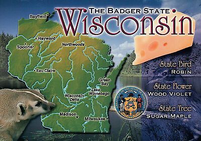 Wisconsin State Map, Madison, Milwaukee, Green Bay, Badger, WI, Seal -- Postcard