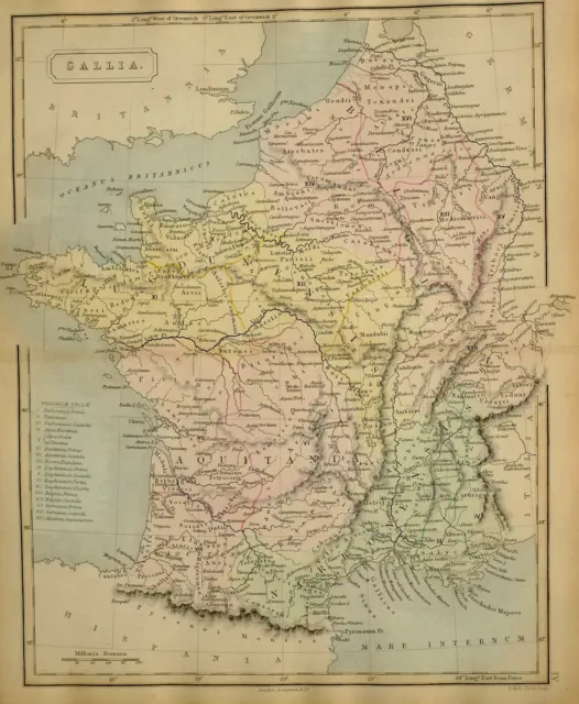 1851 Hand Coloured Ancient Map Gallia Aquitania Lugdunensis Narbonensis