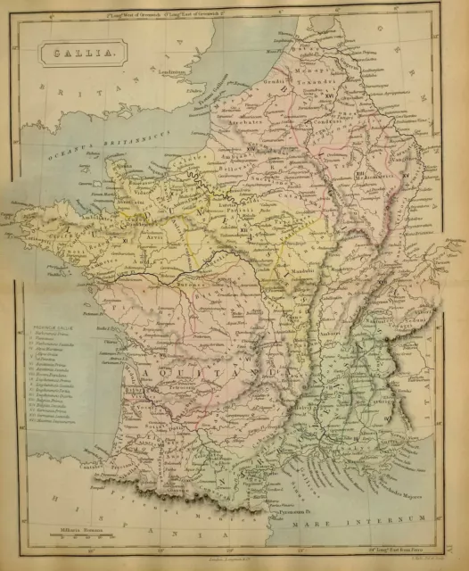 1851 Main Coloré Ancien Carte Gallia Aquitania Lugdunensis Narbonensis