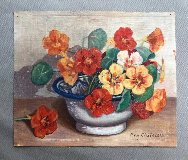 Bouquet de Capucines, Fleurs, Huile Sur Toile Signée Castellini, Peinture, XXe