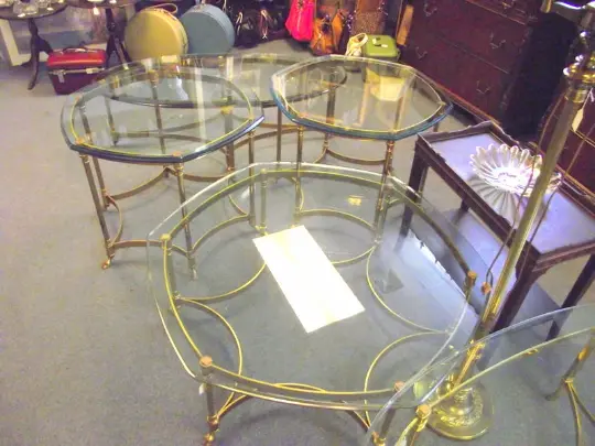 Hollywood Regency Labarge Hoof Hexagon Brass Glass top coffee cocktail Table #2