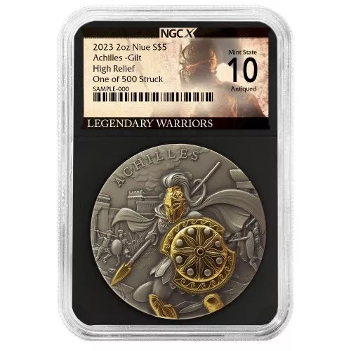 2023 2 oz Silver Niue Legendary Warriors Achilles Gilded Coin NGCX 10 MS70
