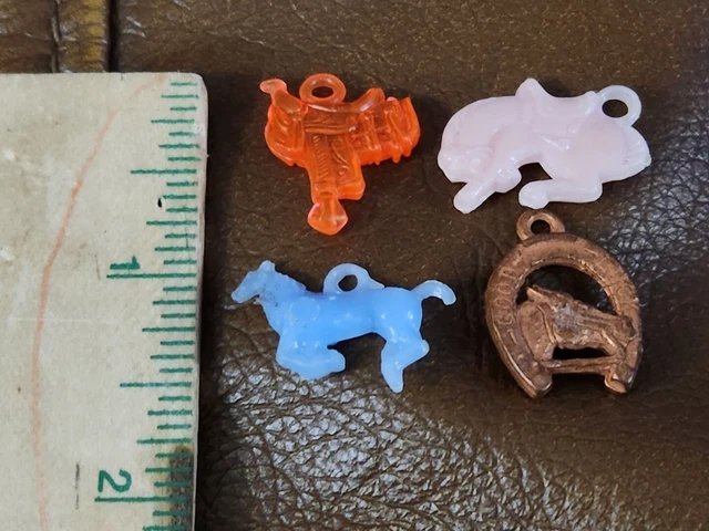 4 Vintage Cracker Jack Gumball Charms Western Horse Saddle Shoe Bucking Bronco