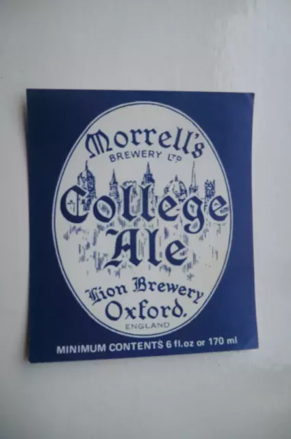MINT MORRELLS OXFORD COLLEGE ALE 6 fl oz BREWERY BEER BOTTLE LABEL