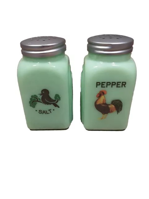 Jadeite Green Glass Salt & Pepper Shakers Rooster Bird 1930's Style