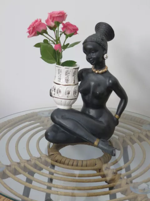Vintage Barsony Style Black Lady Figurine With Basket / Pot