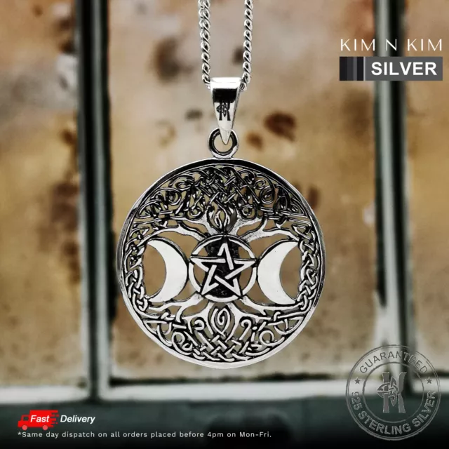 Triple Moon Pendant Necklace ✔️Goddess Pentacle Tree of Life ✔️Solid 925 Silver