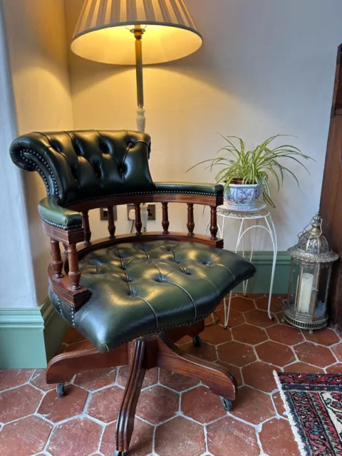Green Leather Captains Swivel Office Chair Chesterfield Style