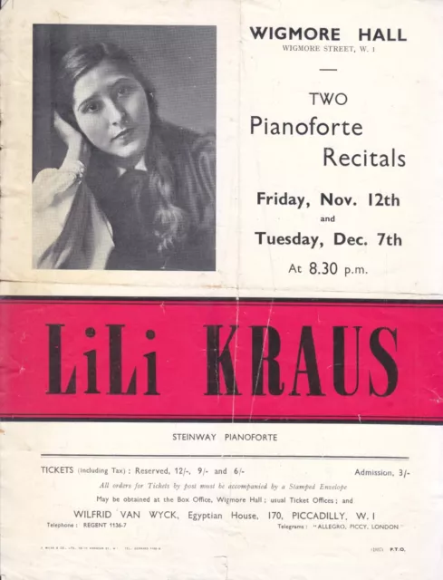 Concert Recital Programme 1937  Wigmore Hall Piano Lili Kraus