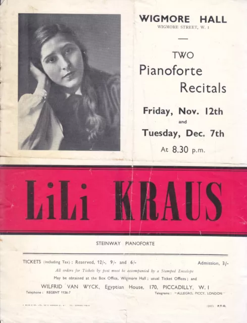 Konzertkonzertkonzertkonzertprogramm 1937 Wigmore Hall Klavier Lili Kraus