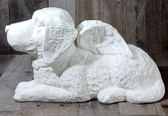 LARGE 15×9x8 LAYING PUPPY DOG GUARDIAN ANGEL STATUE SCULPTURE WHITE CERAMIC 4