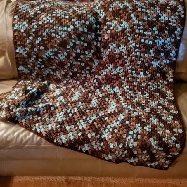 Vintage Handmade Afghan Crochet Throw Blanket Beautiful Brown & Blue 46 x 64