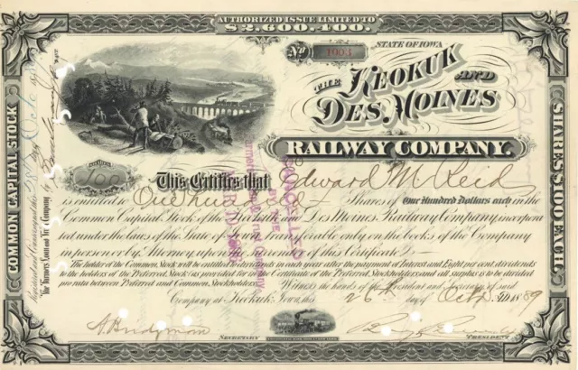 Keokuk and Des Moines Railway Co. - Stock Certificate - Railroad Stocks