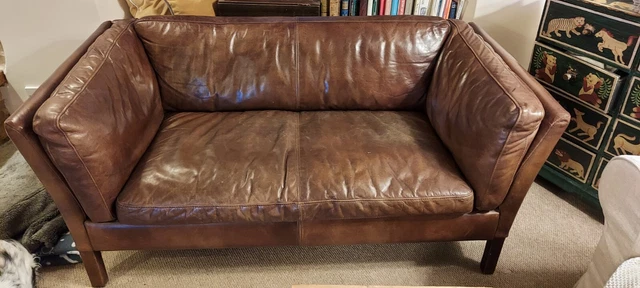 Brown John Lewis Groucho Halo Two Seater Leather Sofa Settee Couch