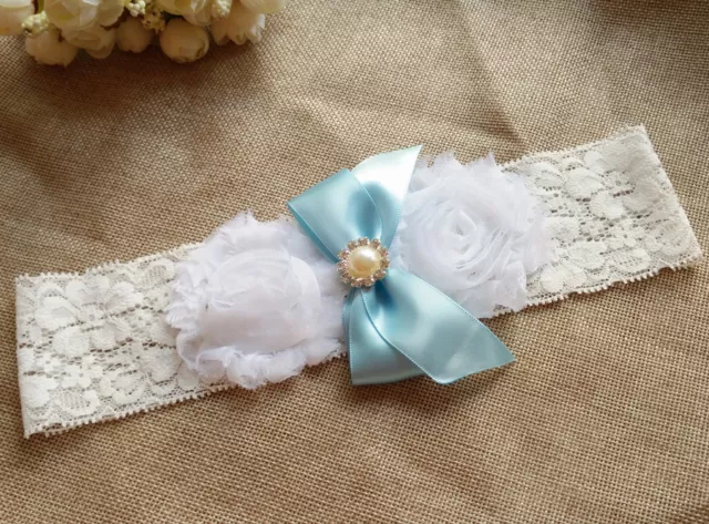 Vintage Lace Wedding Bridal Garter Blue White Flowers Plus Size