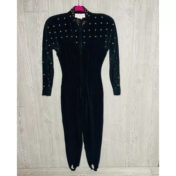 Vintage rare 1980s Lillie Rubin star metal studded stirrup jump suit unique sm