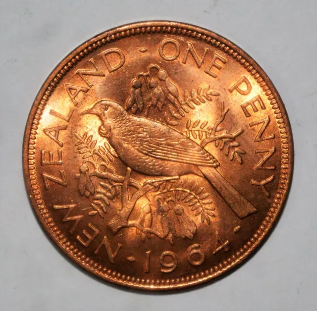 NEW ZEALAND 1964 large ONE PENNY cent bird RED AU COIN