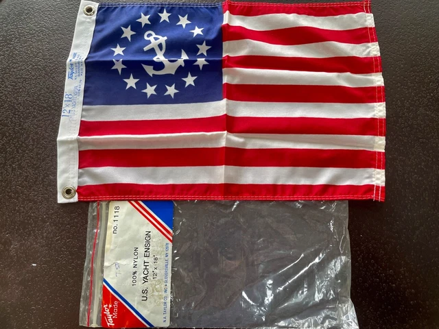 VINTAGE TAYLOR U.S. YACHT ENSIGN, FLAG  12" x18", 13 STARS, USA MADE