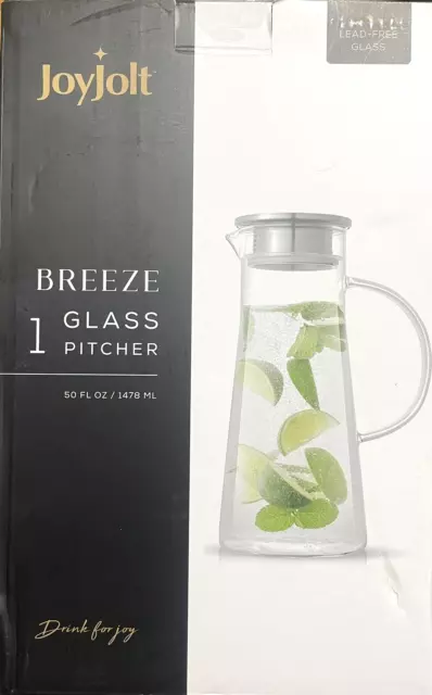 JoyJolt Breeze Glass Pitcher with Handle & Dual Pour Stainless Steel Lid, Open