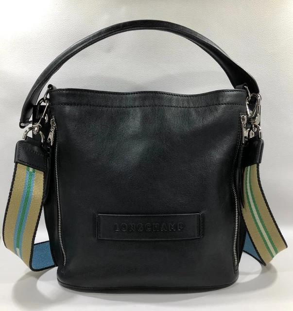 LONGCHAMP PARIS Black 3D Leather Hobo Bag + Rayures Canvas Shoulder Strap $770