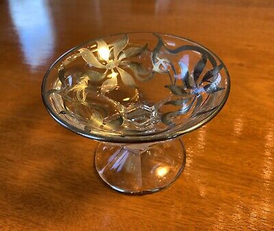 Glass Pedestal Bowl Silver Overlay Small Art Deco  4 1/8"W x 2 3/4"H