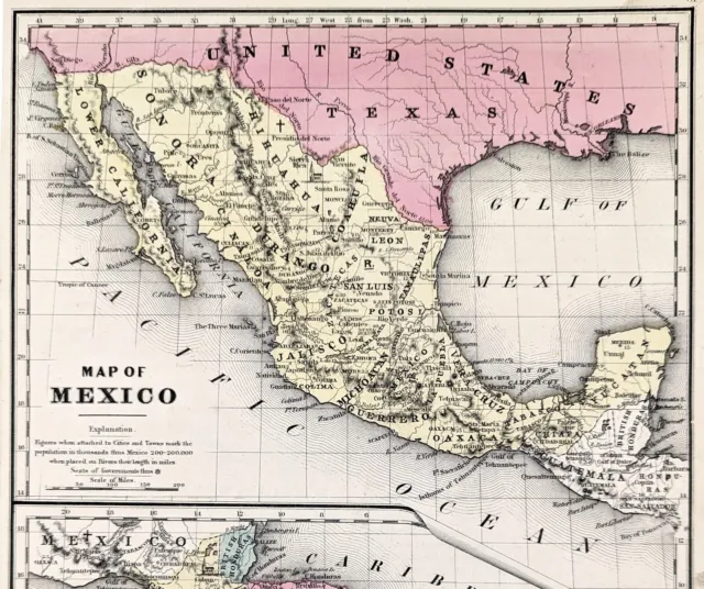 1853 Mexico Texas Map ORIGINAL Central America Galveston Lower California Baja