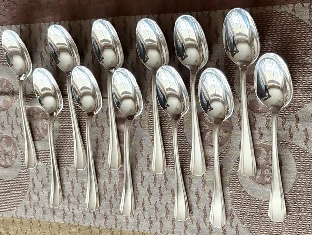 12 cuillères à soupe métal argenté style art deco orfèvre Christofle modèle Boreal French silver-plated soup spoons 20,6cm - France