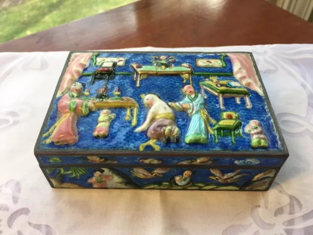 Antique Chinese Enamel Repousse Brass Box, High Relief Scene, Lined in Wood