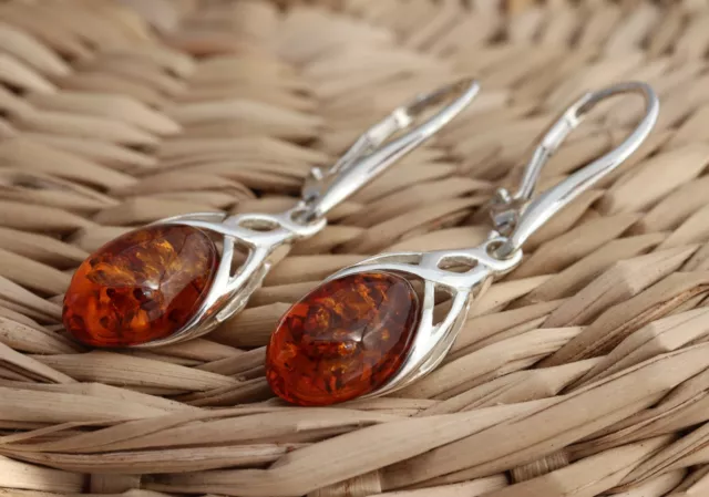 Cognac Baltic Amber 925 Sterling Silver Dangle Drop Celtic Earrings Jewellery