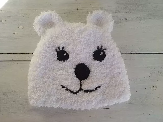 White hand knitted Teddy Bear Beanie Hat to fit 6-10 years 