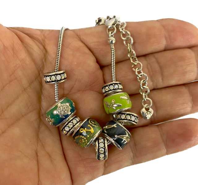 BRIGHTON Silver Charm Bracelet w/Enamel Crystal Beads & Spacers 6.75/9in -33g
