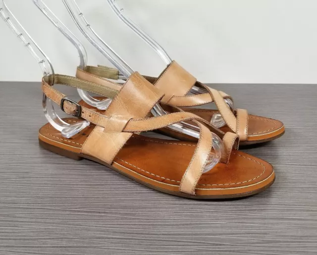 Lucky Brand Ellsona Flat Sandal, Tan Leather, Womens Size 6.5 M / 36.5