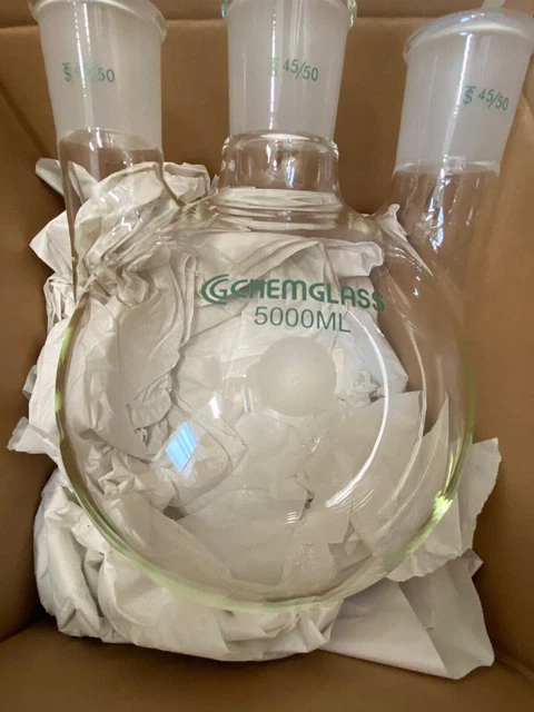 3 NECK, HEAVY WALL ROUND BOTTOM FLASK, CHEMGLASS, 5,000mL, 45/50 JOINTS, NEW