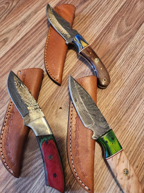 Hand Crafted Skinner Knife Damascus Ash Wood Brass Guard Lot of 3 Hiking