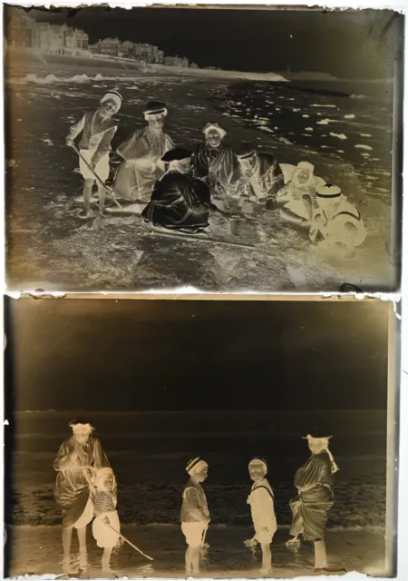 Two glass plate negatives. 13x18 cm. Family Portrait at the Beach.