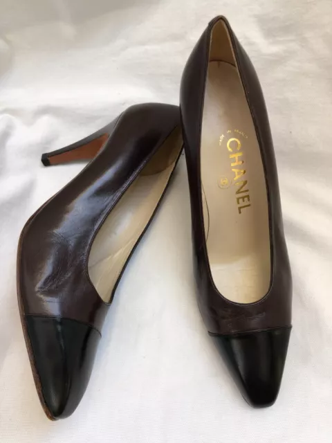 CHANEL NEW Womens Shoes 38 1/2 D Brown Leather Black Cap Toe Heels Ladies  Pumps $389.99 - PicClick