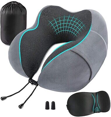 Memory Foam Travel Pillow Neck Support Cushion With Carry Bag Ear Plugs & Mask