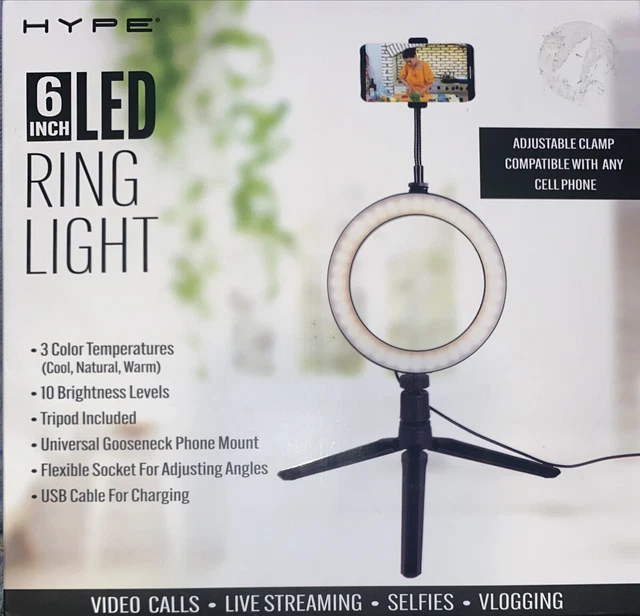 Hype 6 inch LED ring light 3 color temp. Trip Pod Gooseneck Vlogging Streaming
