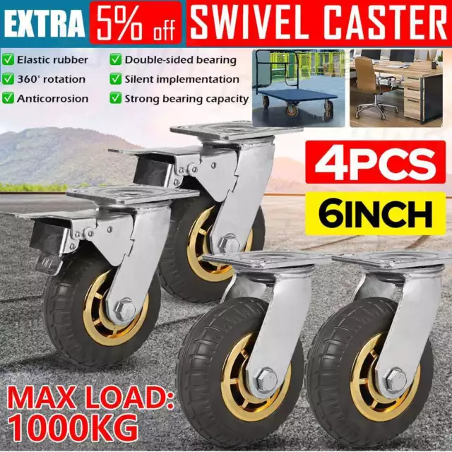 4X 6" 150mm Heavy Duty Swivel Caster Wheels Castor 1000KG 2 with Brakes AU