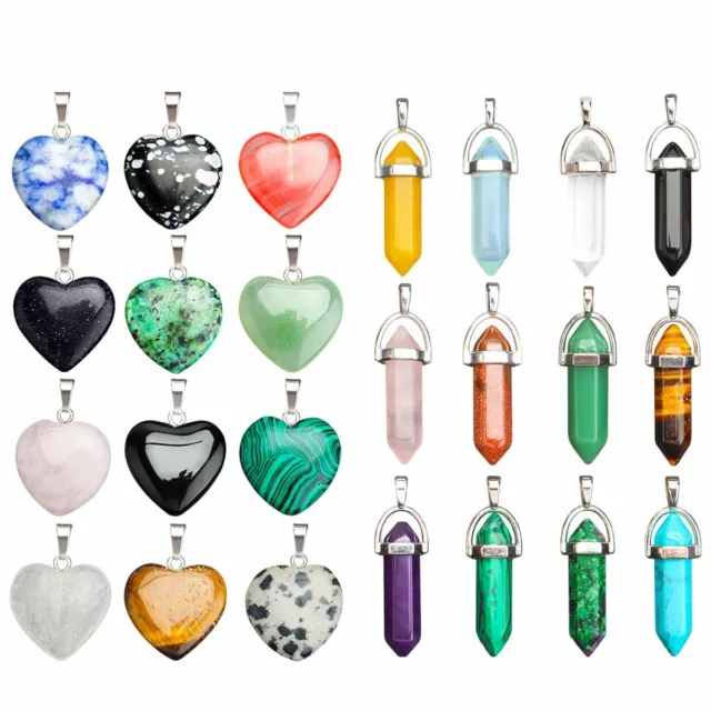 12Pcs Pendulum Quartz Stone Heart Bullet Pendant Chakra Healing Crystal Gemstone