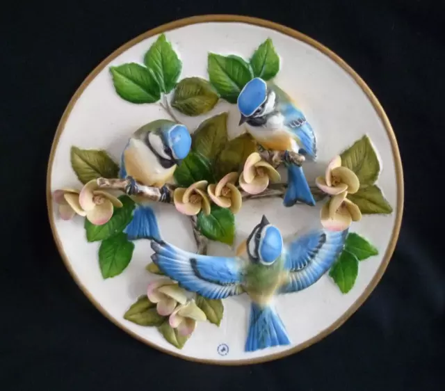 Capodimonte Italy 3 Dimension  BLUE TITS BIRDS + Flowers 8 " / 22 cm wide  VGC