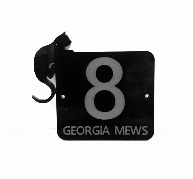 Cat On Door Number House Sign Plaque in Black
