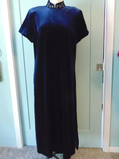 SL Fashions Navy Blue Velvet Asian Traditional Cheongsam Long Maxi Dress 18 W