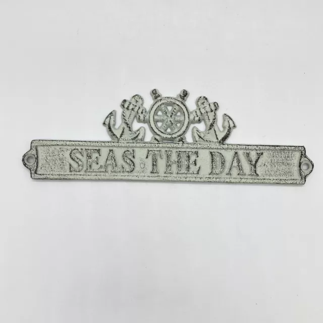 Painted Distressed Cast Iron Seas the Day Wall Hanging Plaque Beach Decor