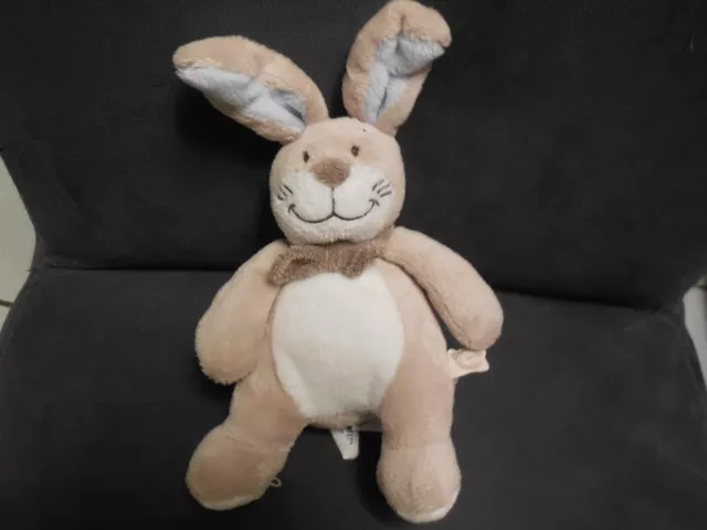 doudou peluche lapin Oscar beige bleu blanc foulard marron NOUKIE'S 16cm