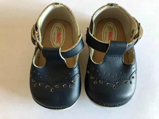 Vintage Baby Newborn Navy Blue Leather Shoes Infant Angel Straps size 1
