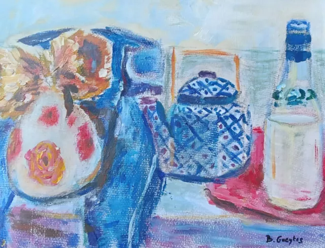 Nature morte à la théière bleue. Acrylique sur papier